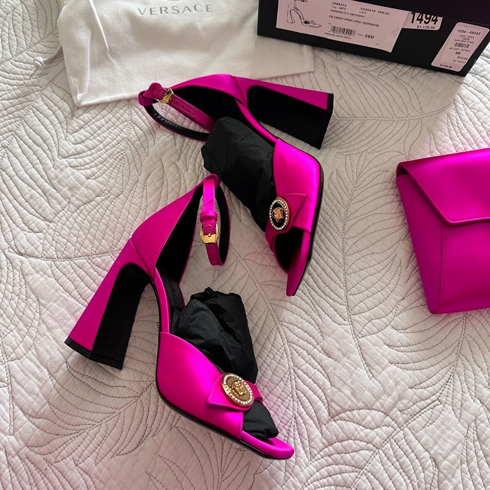 Versace Medusa Coin Satin Ankle Strap Heel + Crystal La Medusa Satin Clutch Bag